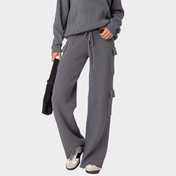 Edikted Pants - Edikted Grey Ribbed Knit Cargo Pants Wide Leg Drawstring Waist Size S
